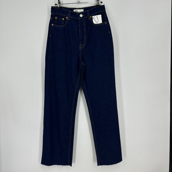 Zara Cropped 90s Jeans 2 High Rise Waist Raw Frayed Hem Dark Wash Blue Denim NEW - Picture 3 of 12